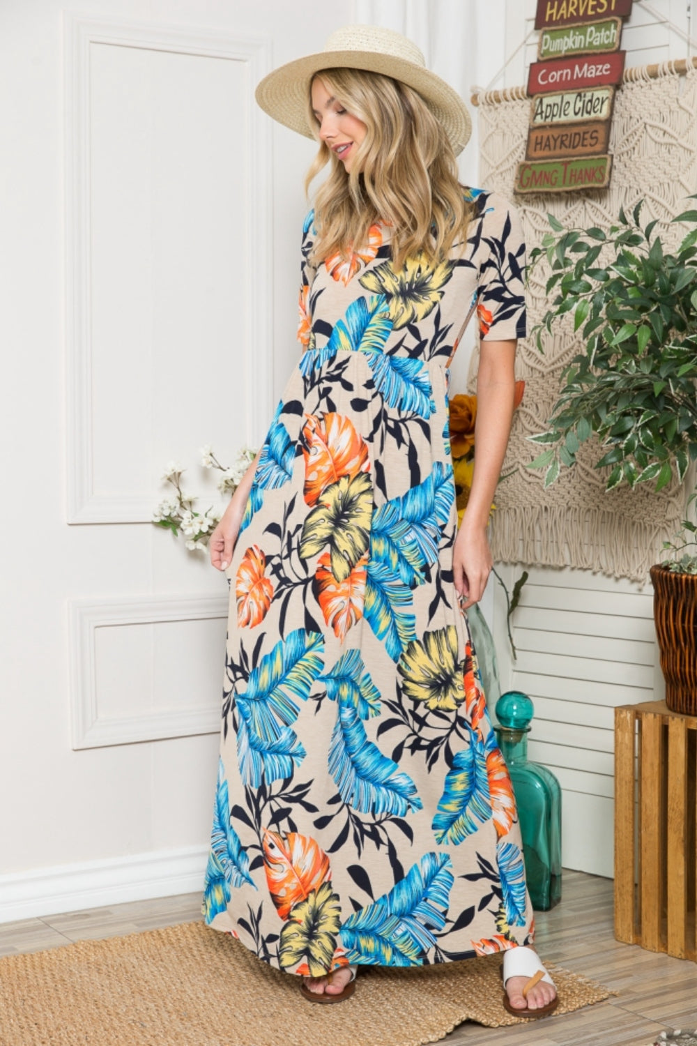 Celeste Full Size Printed Round Neck Short Sleeve Maxi Dress Trendsi