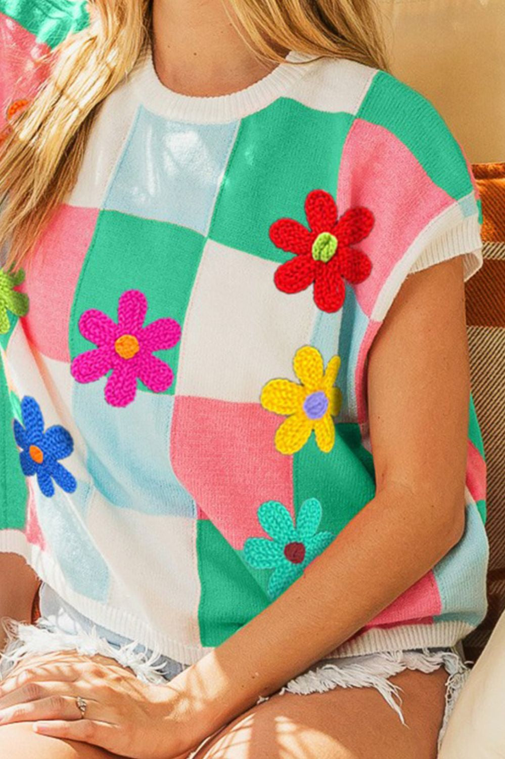 Flower Patch Checkered Sweater Vest Casual Chic Botique