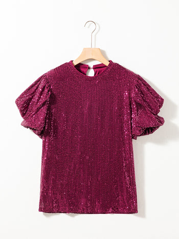 Sequin Round Neck Short Sleeve Blouse Trendsi