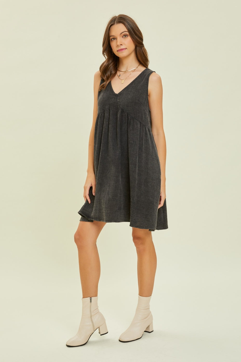 HEYSON Full Size Texture V-Neck Sleeveless Flare Mini Dress Trendsi