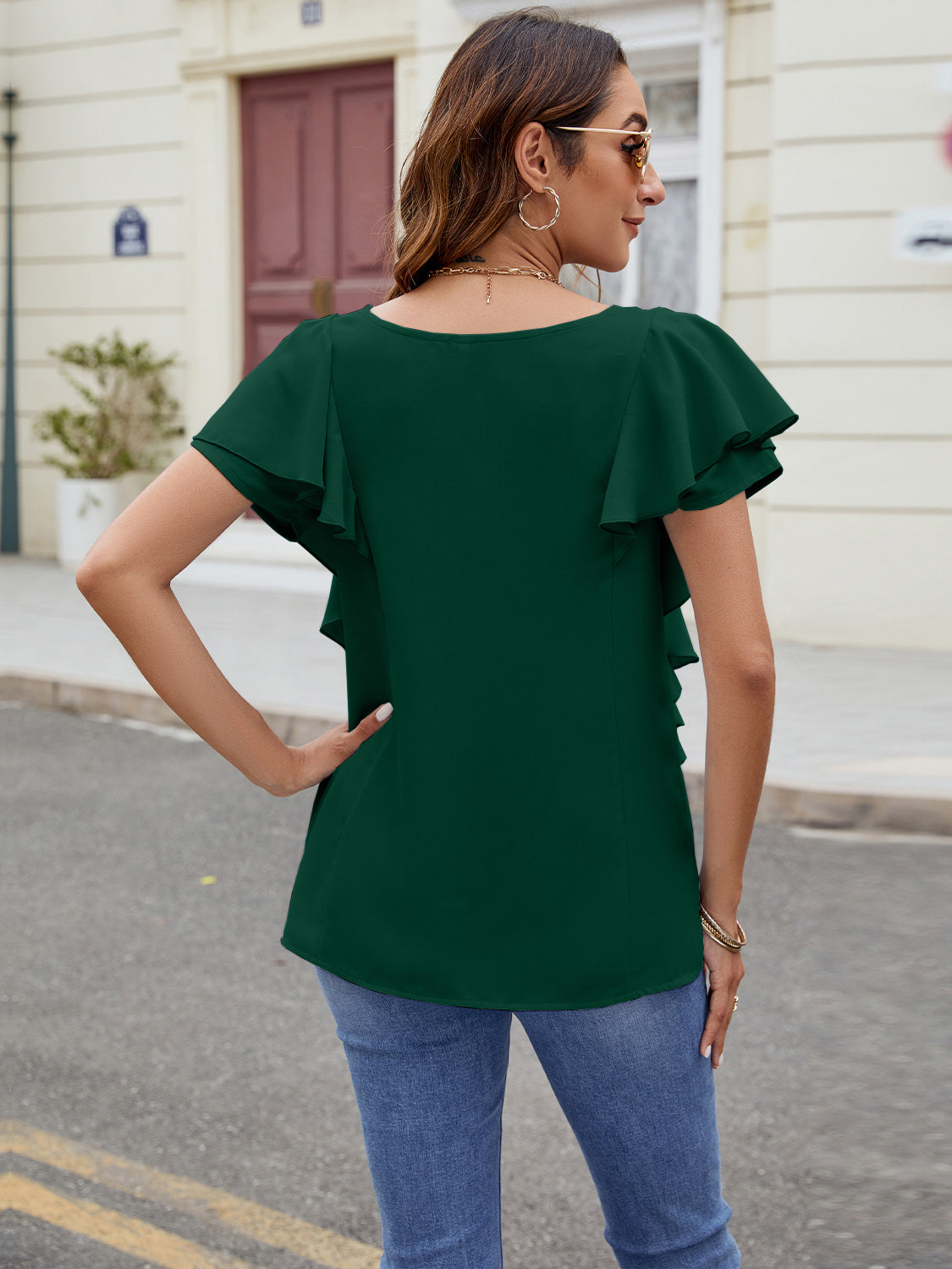 Ruffled V-Neck Short Sleeve Top Trendsi