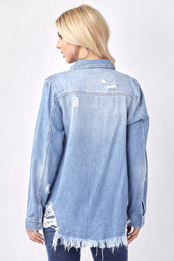 RISEN Button Up Distressed Denim Shirt Trendsi