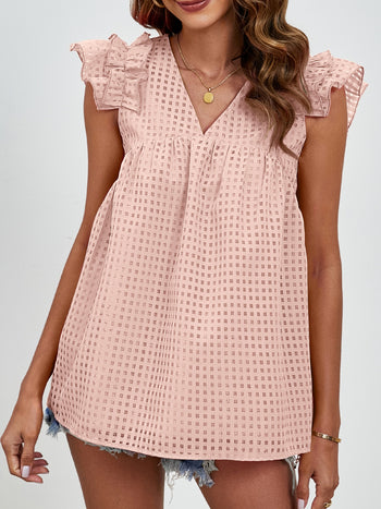 Ruched V-Neck Cap Sleeve Blouse Trendsi