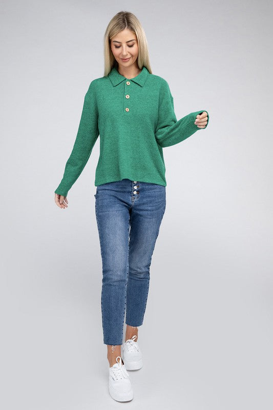 Brushed Melange Hacci Collared Sweater ZENANA