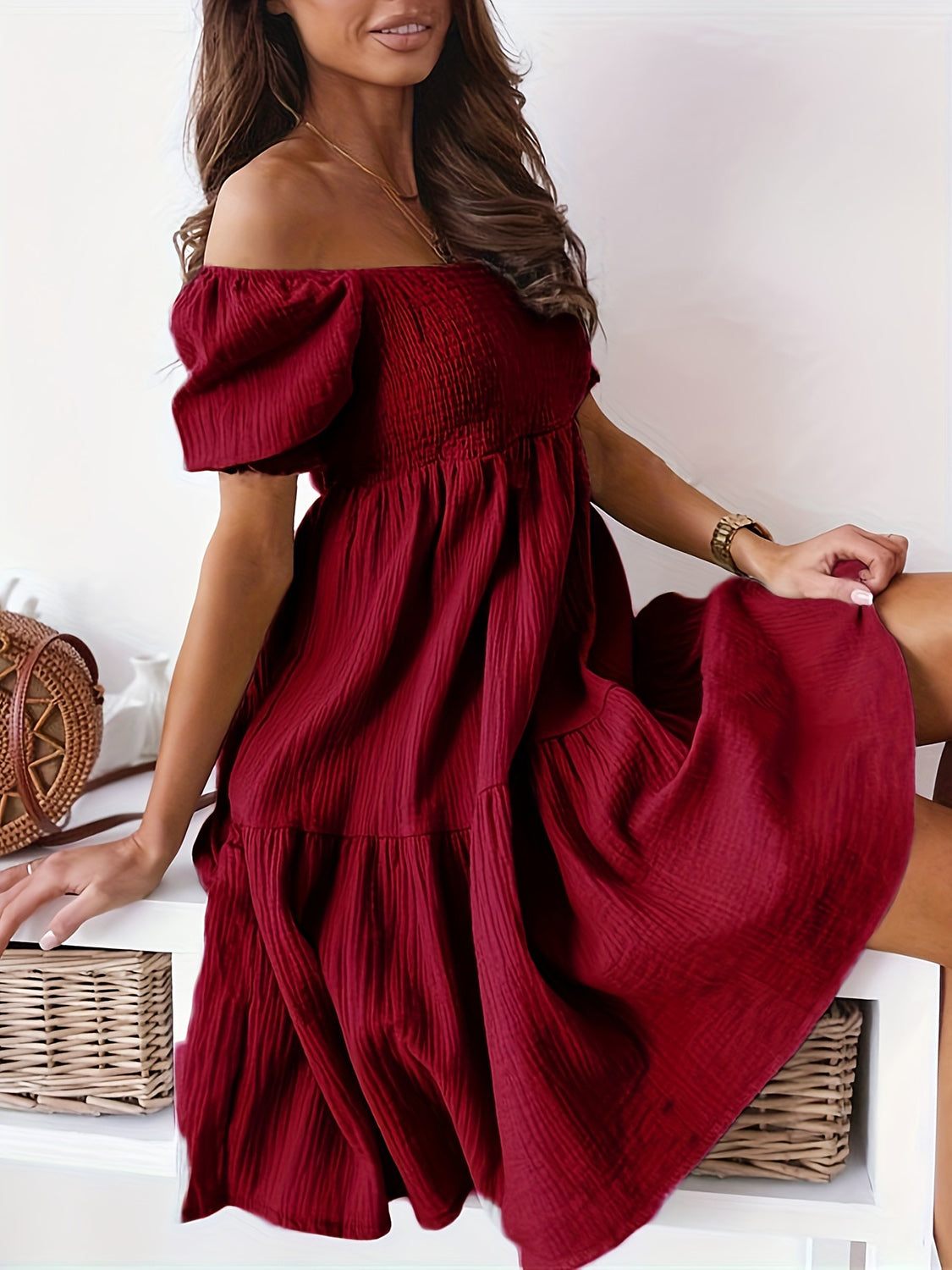 Full Size Ruffled Off-Shoulder Short Sleeve Dress Trendsi