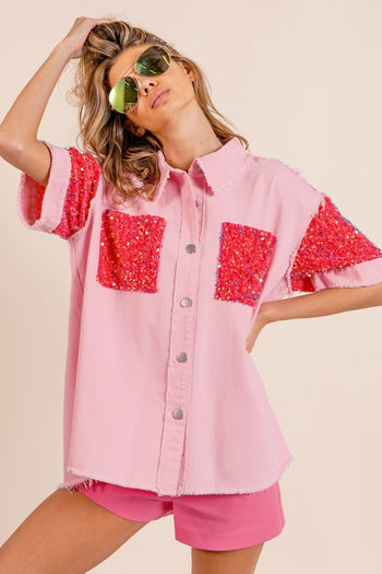 BiBi Sequin Detail Raw Hem Short Sleeve Shirt Trendsi