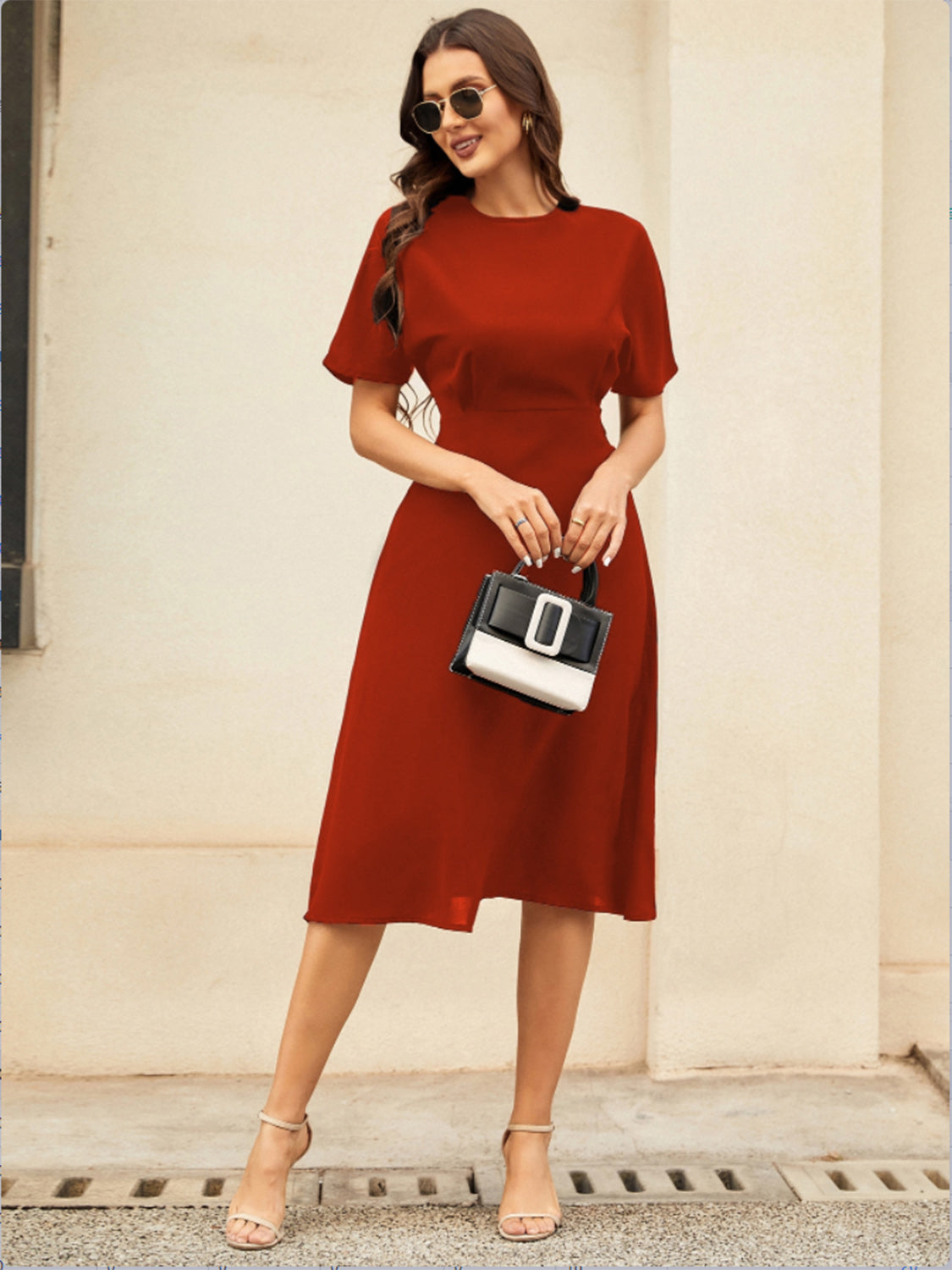 Round Neck Short Sleeve Midi Dress Trendsi