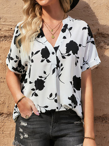 Printed Notched Short Sleeve Blouse Casual Chic Boutique