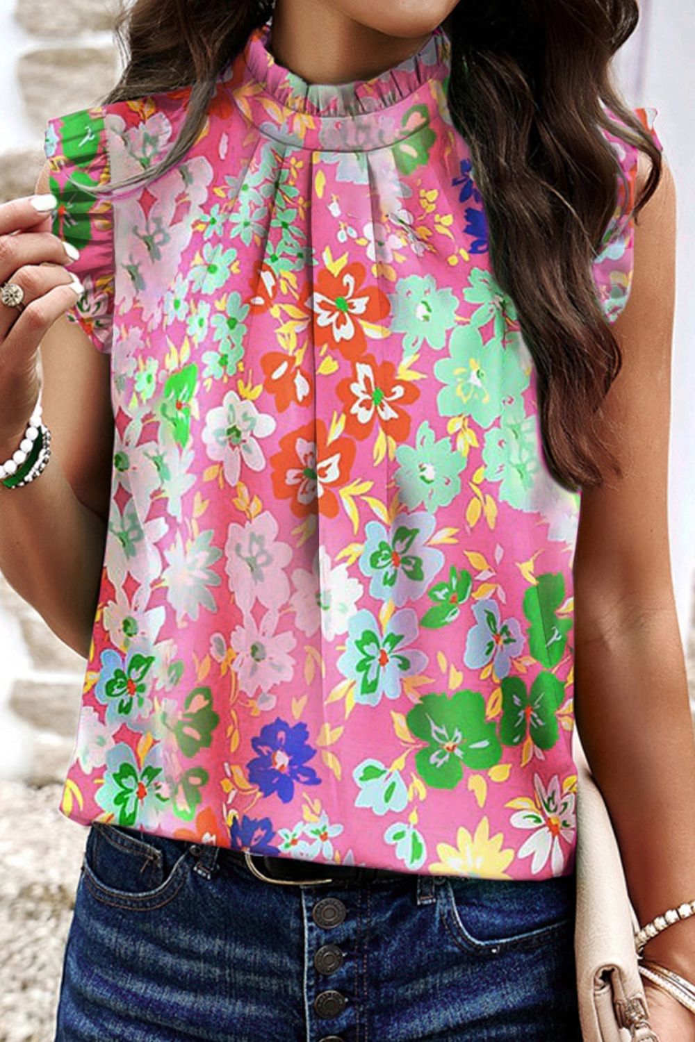 Ruffled Printed Mock Neck Cap Sleeve Blouse Trendsi