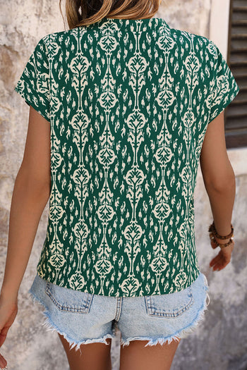 Printed Notched Short Sleeve Blouse Trendsi