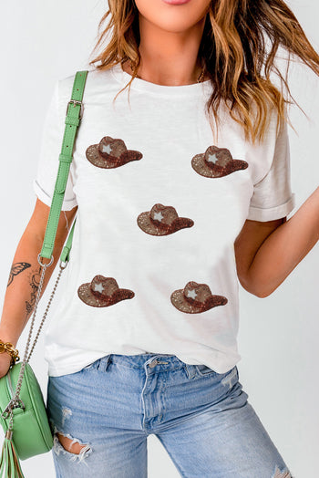 Sequin Hat Round Neck Short Sleeve T-Shirt Trendsi