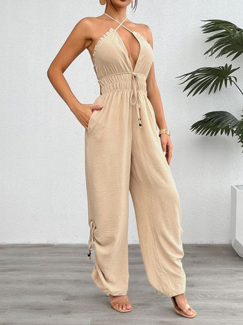 Women's Solid Backless Criss Cross Halter Neck V-neck Wide-Leg Jumpsuit H8B8TVWV6E Casual Chic Boutique