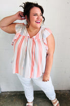 Coral & Light Blue Stripe Waffle Tie Neck Top Sugarfox