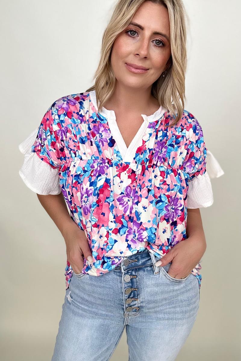 BiBi Floral Brushed Ruffle Sleeve Top Kiwidrop