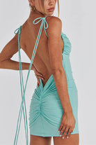 Sexy Ruched Drawstring Backless Cami Pencil Mini Dress (Blue) Penderié, Inc.