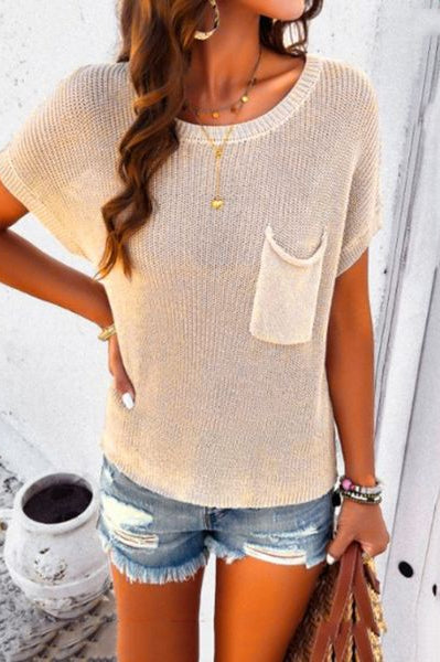 Women's Short Sleeve Front Pocket Knit Top Pullover Sweater HEQ3B65MWM Casual Chic Boutique