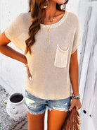 Women's Short Sleeve Front Pocket Knit Top Pullover Sweater HEQ3B65MWM Casual Chic Boutique