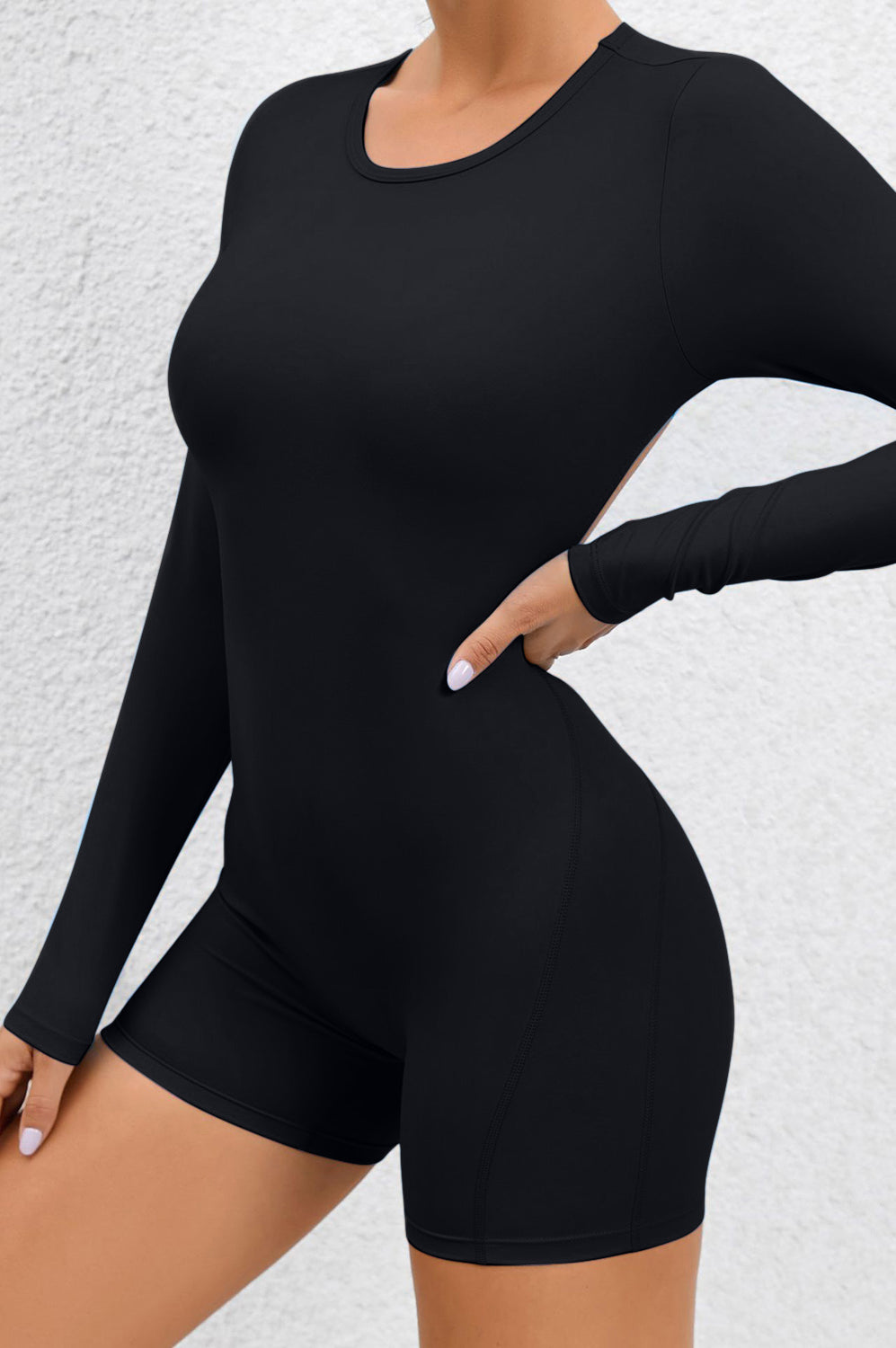 Cutout Round Neck Long Sleeve Active Romper Trendsi