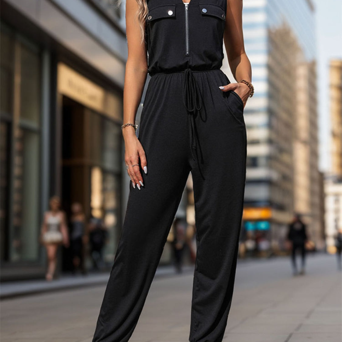 Half Zip Sleeveless Jumpsuit with Pockets Casual Chic Boutique