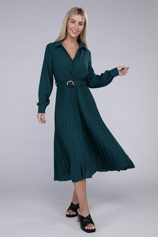 Pleated Maxi Dress with belt Nuvi Apparel