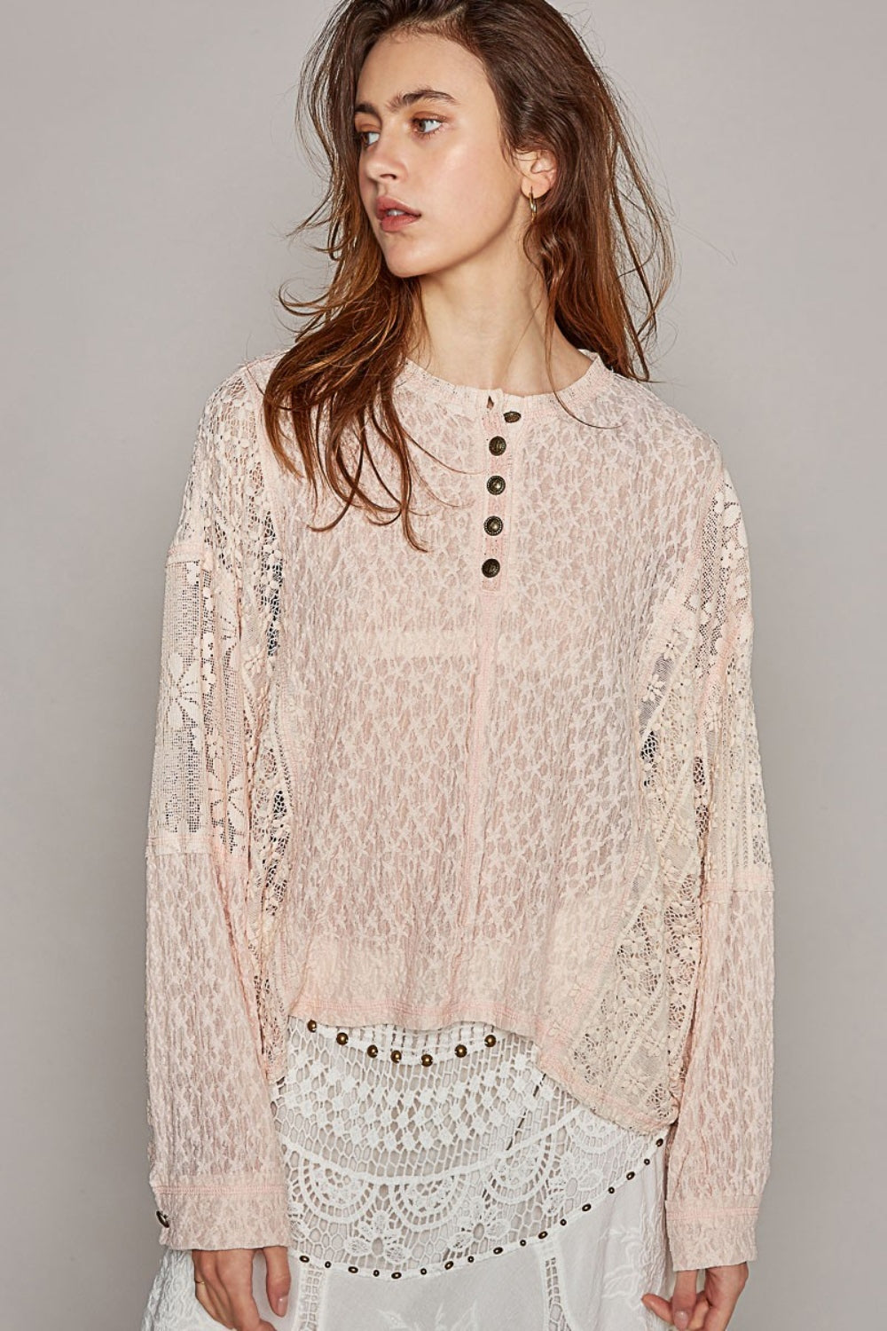 POL Round Neck Long Sleeve Raw Edge Lace Top Trendsi