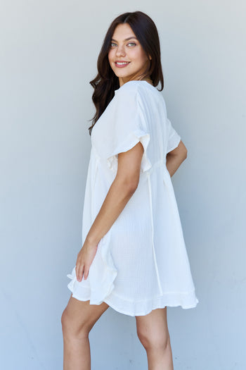 Ruffle Hem Dress with Drawstring Waistband in White Casual Chic Boutique