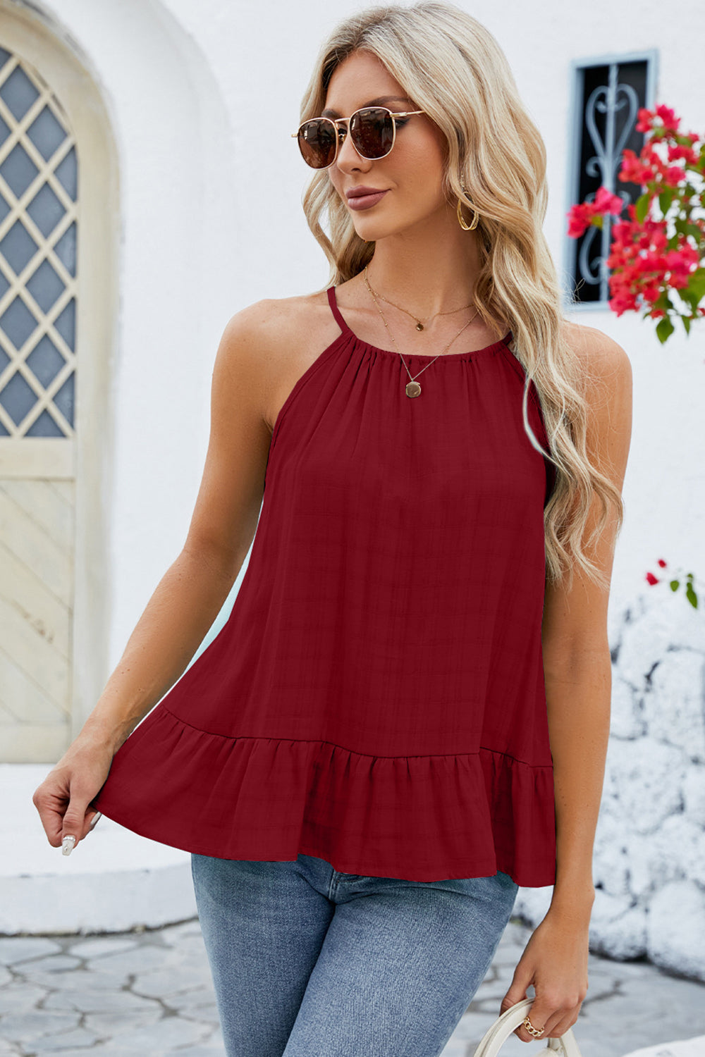 Tied Ruffled Round Neck Cami Casual Chic Boutique