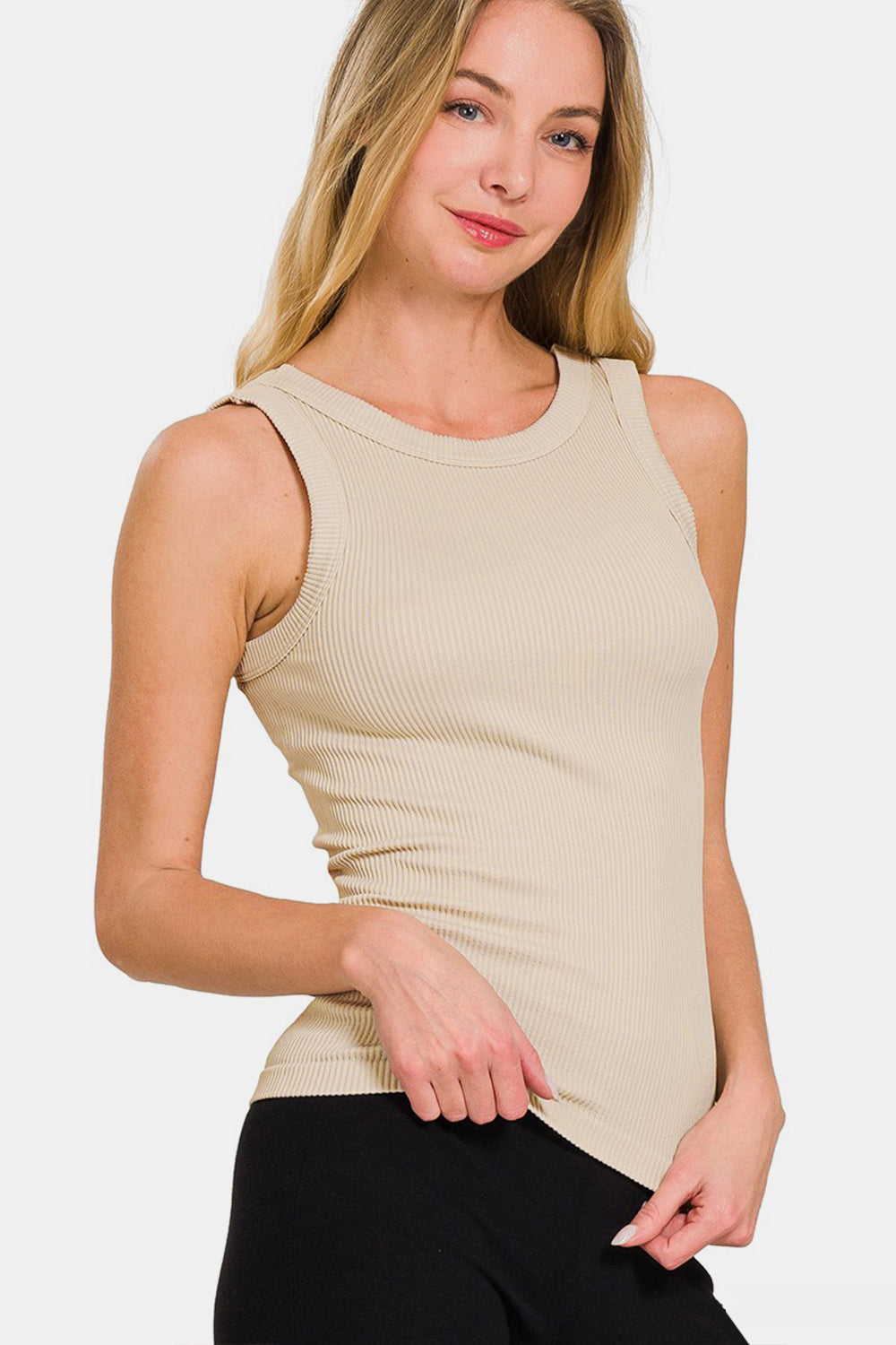 2 Way Neckline Washed Ribbed Tank Casual Chic Boutique