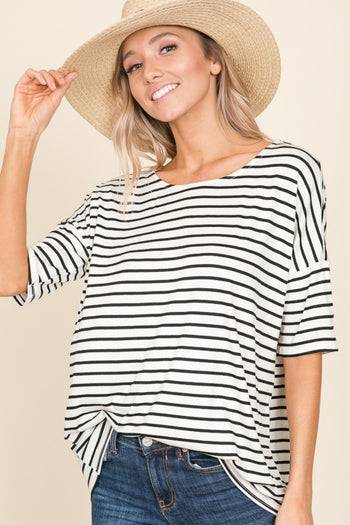 BOMBOM Striped Round Neck T-Shirt Trendsi