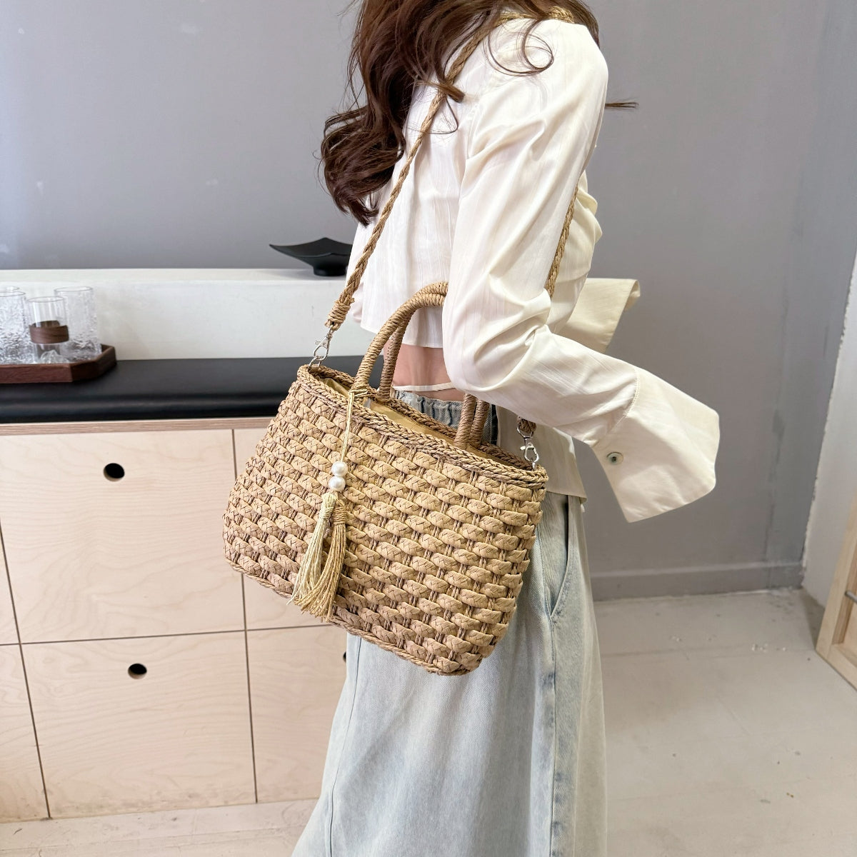 Braided Strap Paper Weave Shoulder Bag Trendsi