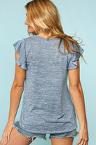 Denim Two Tone V Neck Ruffle Sleeve Top Haptics