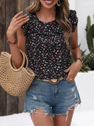 Ruffled Printed Round Neck Cap Sleeve Blouse Trendsi