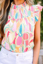 Ruffled Printed Mock Neck Cap Sleeve Blouse Trendsi