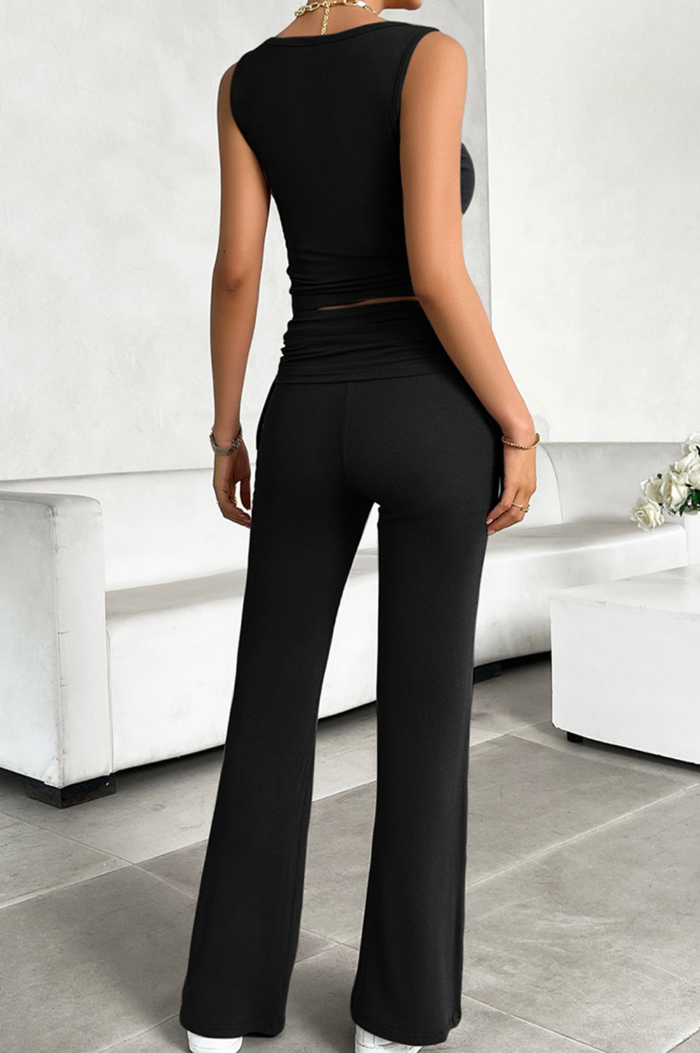 Ribbed Round Neck Tank and Pants Set Trendsi