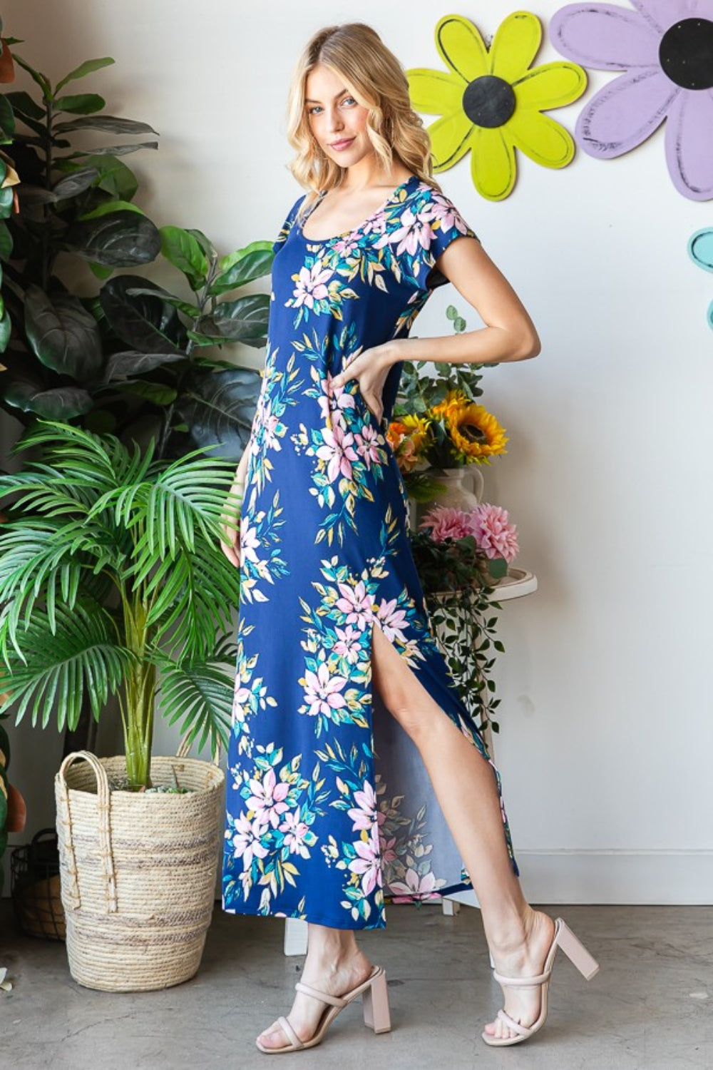 Heimish Full Size Floral Short Sleeve Slit Dress Trendsi