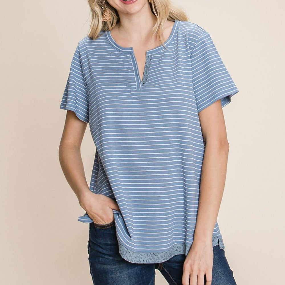 Cotton Bleu by Nu Lab Slit Striped Notched Short Sleeve T-Shirt Trendsi