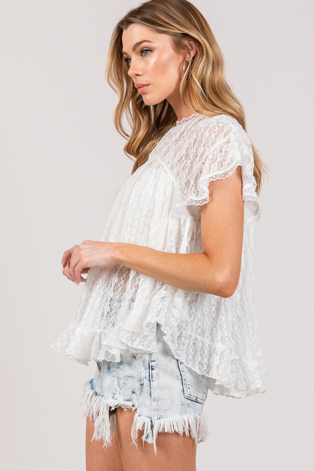 SAGE + FIG Round Neck Short Sleeve Lace Blouse Trendsi