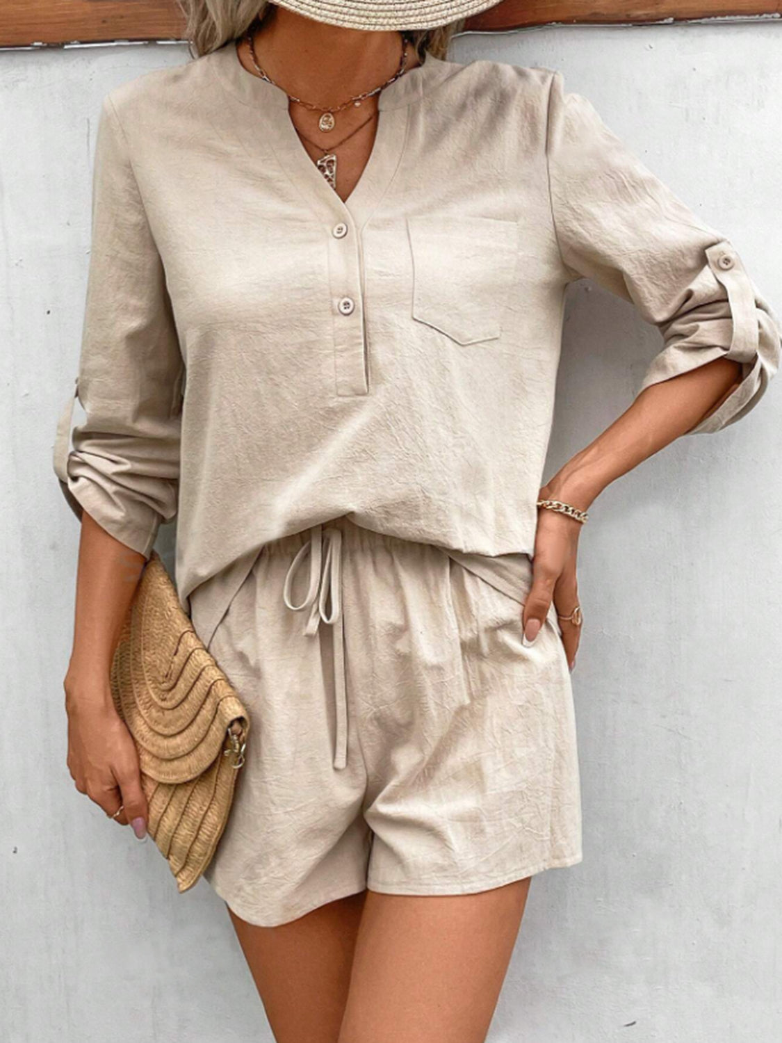 Notched Long Sleeve Top and Shorts Set Trendsi