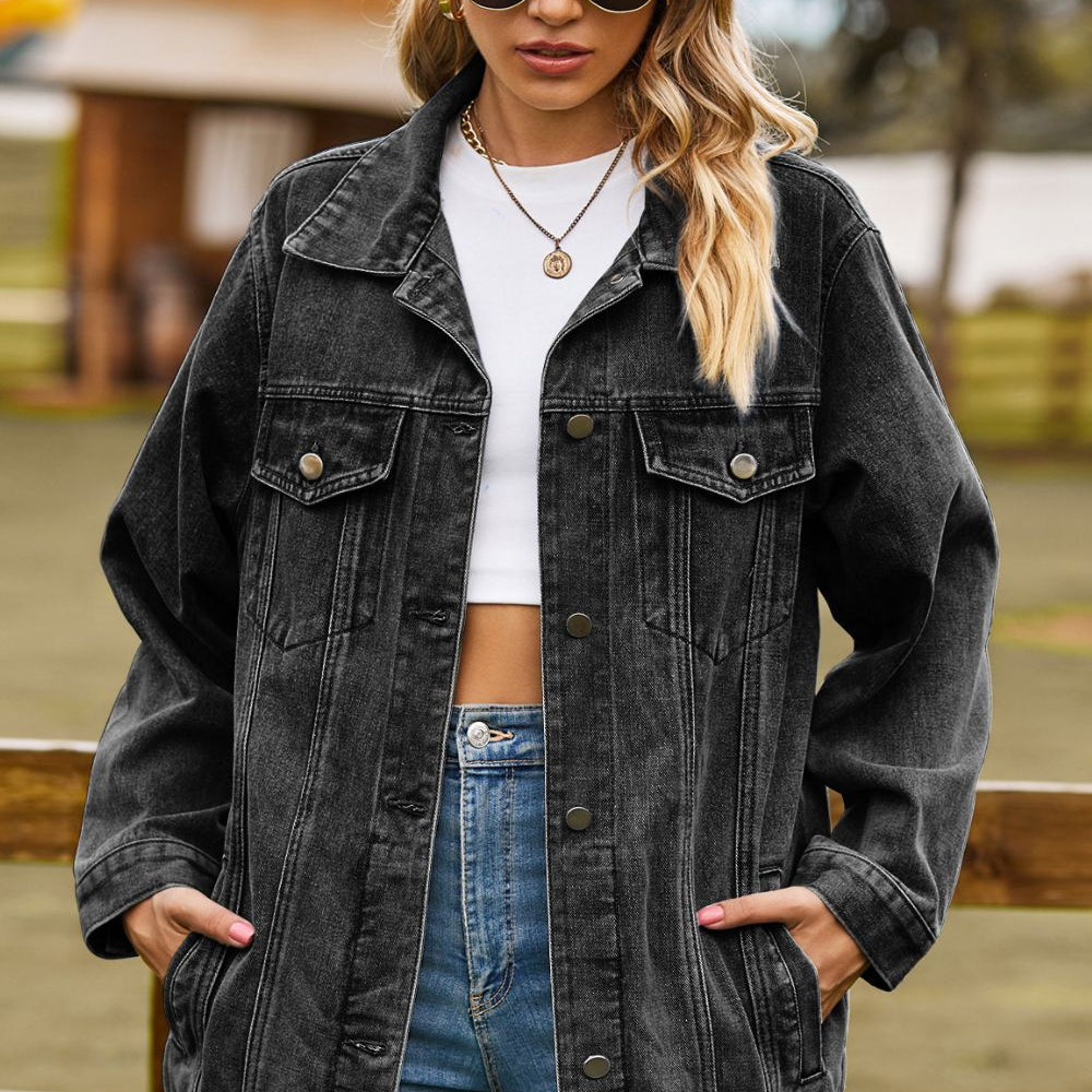 Buttoned Collared Neck Denim Jacket with Pockets