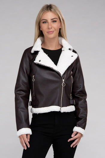 Plush Teddy Trimmed PU Jacket Ambiance Apparel