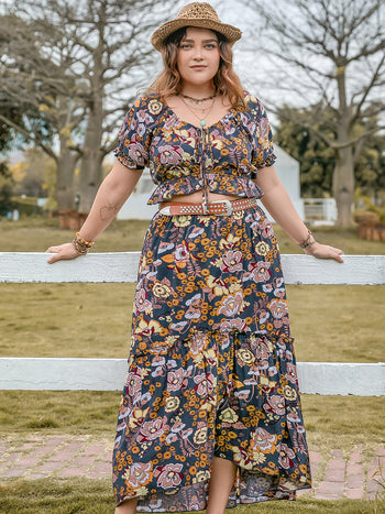 Plus Size Tie Neck Short Sleeve Top and Skirt Set Casual Chic Boutique