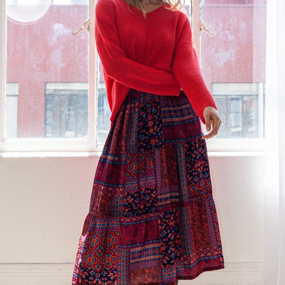 ODDI Full Size Printed Tiered Maxi Skirt Trendsi