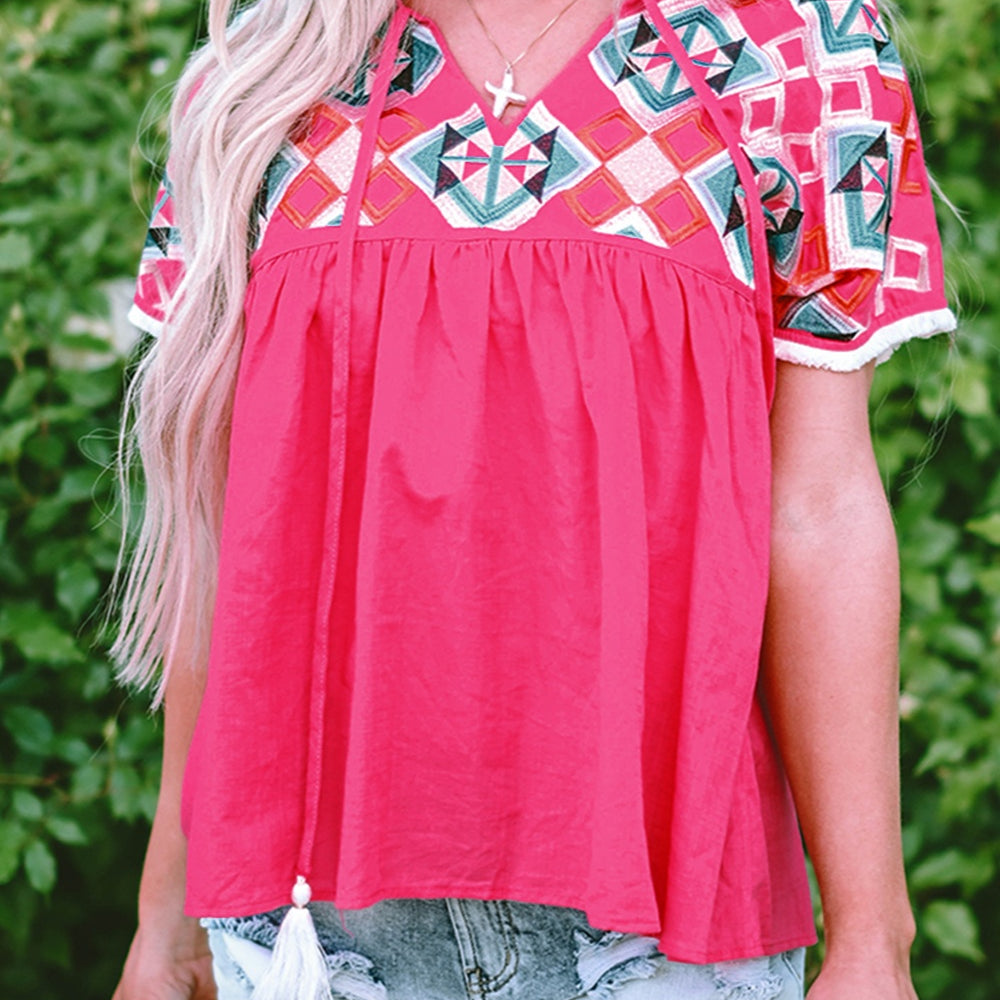 Embroidered Tie Neck Short Sleeve Blouse
