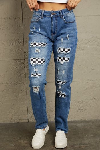 Baeful Checkered Patchwork Mid Waist Distressed Jeans Trendsi