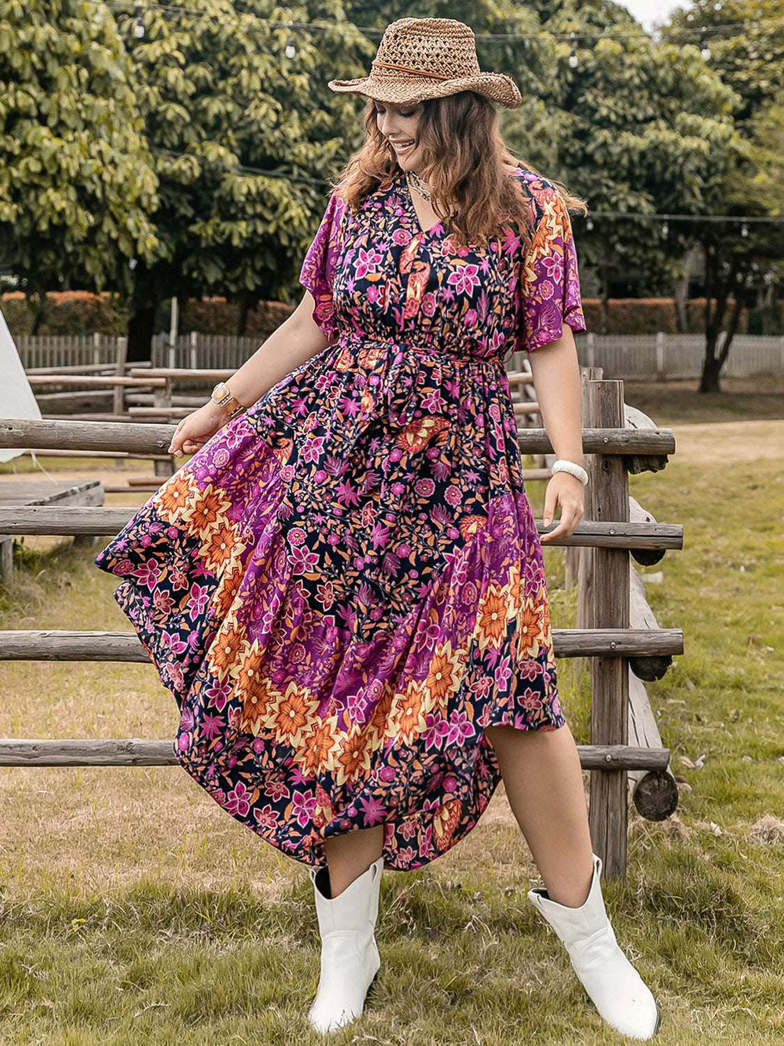 Plus Size Printed V-Neck Flutter Sleeve Midi Dress Trendsi