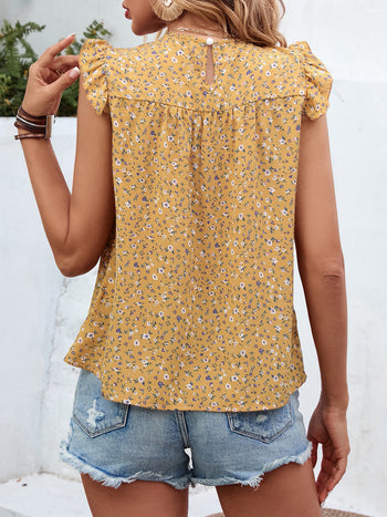 Ruffled Printed Round Neck Cap Sleeve Blouse Trendsi