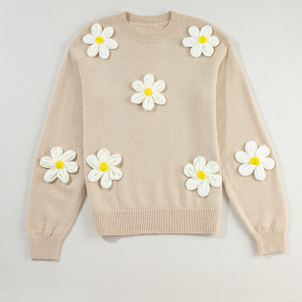 Crochet Flower Round Neck Long Sleeve Sweater