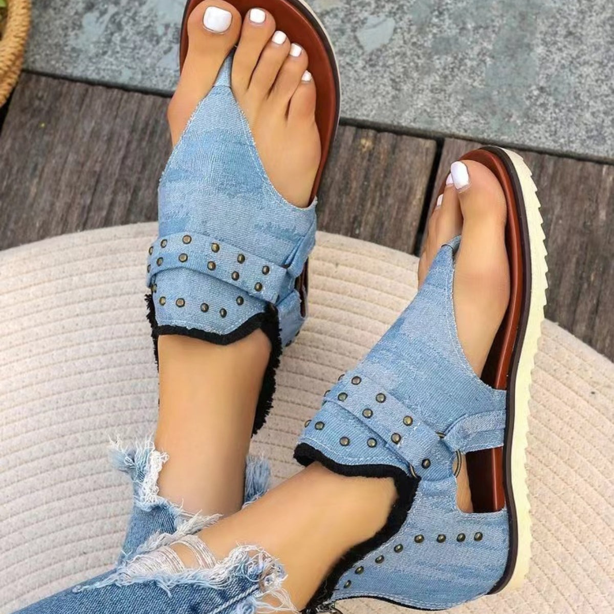 Studded Raw Hem Flat Sandals Casual Chic Boutique