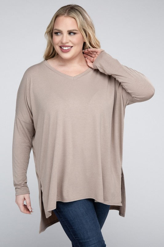 Plus Dolman Sleeve V-Neck Side Slit Hi-Low Hem Top ZENANA