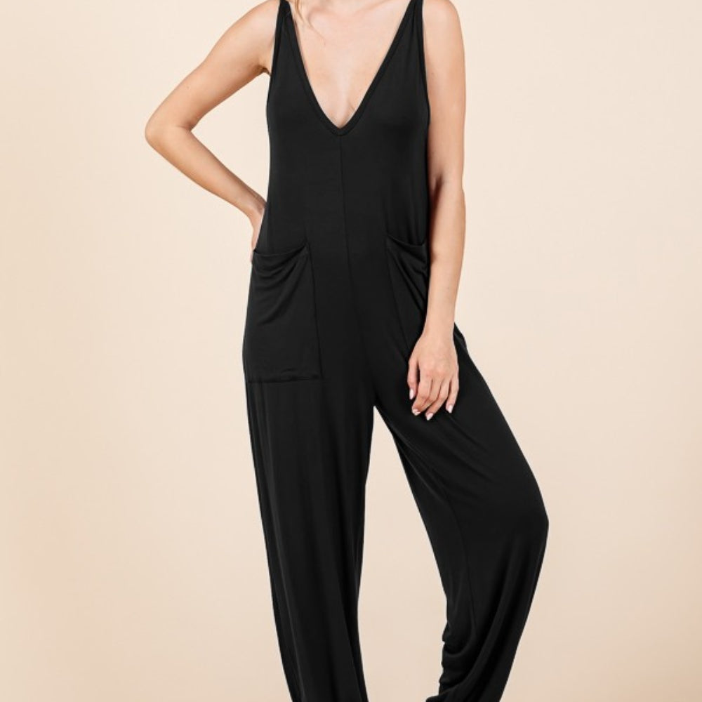 Culture Code Full Size Plunge Sleeveless Jumpsuit with Pockets
